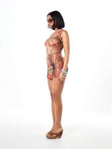 SUMWON WOMEN Đầm lưới ôm sát ngắn in họa tiết nghệ thuật thời Phục Hưng với họa tiết thiên thần, không tay, thích hợp cho tiệc tùng, cocktail, mùa hè, thu, mang phong cách cổ điển. - Nhiều màu - Xem 4