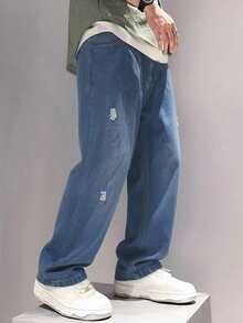 Mirajuku 青少年男童做旧斜插口袋休闲百搭牛仔裤 - 藍色 - 查看 3