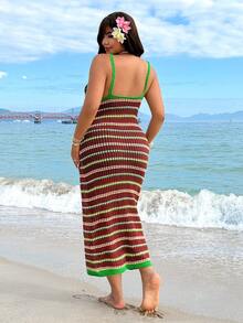 GalTyme 大码女式拼接撞色休闲度假沙滩针织连衣裙 - 彩色 - 查看 2