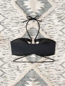 Swim SXY Knitted Solid Color All Swimwear Top With Back Tie - Black - View 7