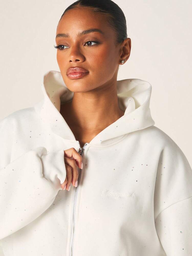 MISSGUIDED Women's Sparkle Studded Hooded Zip Up Sweatshirt Winter Cozy Fleece Hoodie With Glitter Details Casual Comfort