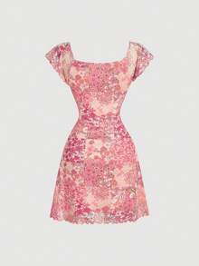 SHEIN MOD 女士休闲印花方领收腰短款连衣裙，夏季 - 粉色 - 查看 5