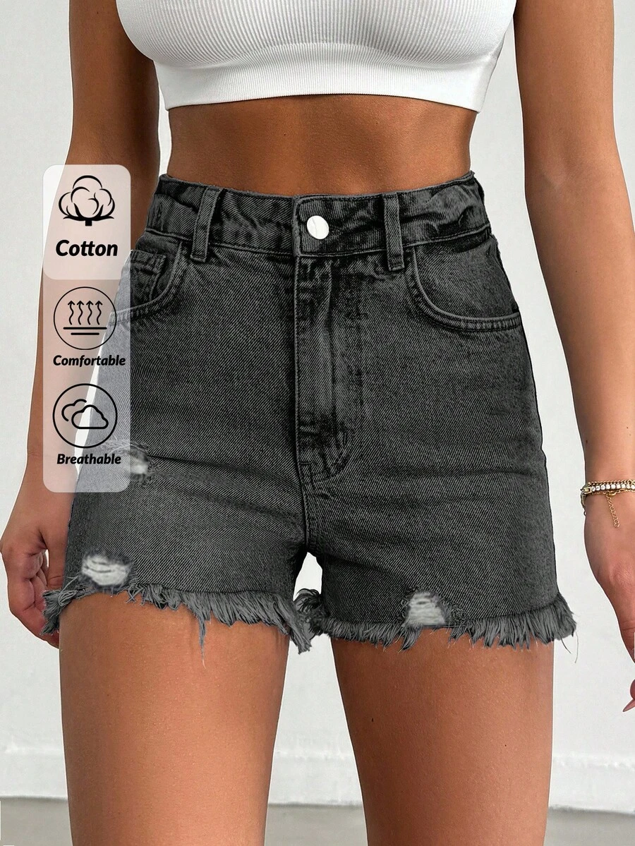 EURMUSE 100%Cotton Mini Heavy Destroy Short With Back Label Detail - Dark Grey - View 1