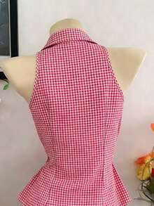 Lalippa 女士格子印花蕾丝拼接露背吊带衫 - 彩色 - 查看 5