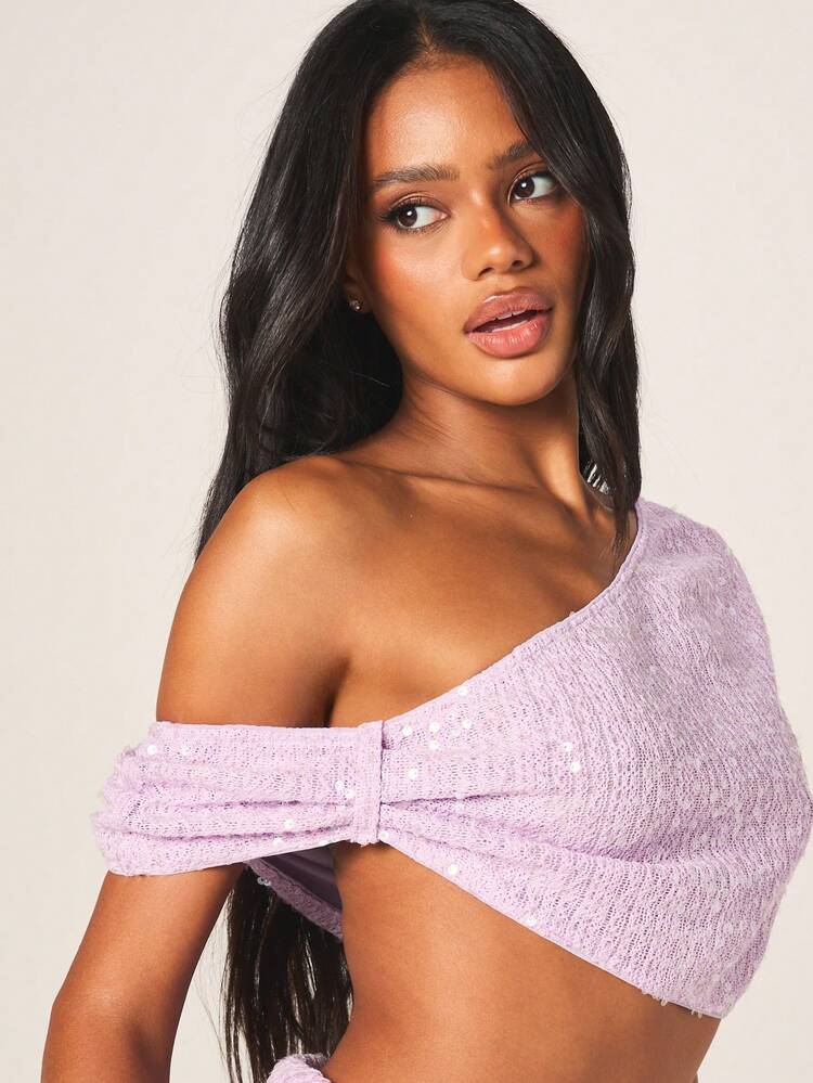 MISSGUIDED Top court tricoté avec sequins et épaules dénudées, avec col repliable et manches courtes pour la mode d'automne pour femmes