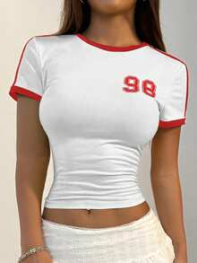 Flirla 女士圆领短袖温柔甜美时尚撞色数字字母印花修身T恤图案T恤女式上衣 - 白色 - 查看 3