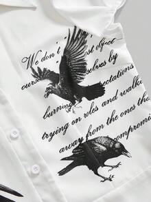 ROMWE Gothic Lolita Crow Print Puff Sleeve Fitted Women Shirt - White - View 4