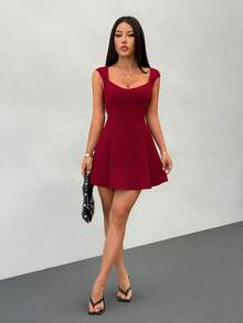 SHEIN PETITE 女士纯色甜心领泡泡袖时尚迷你连衣裙，女士派对礼服 - 酒紅色 - 查看 10