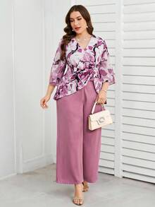 Reflora Bộ đồ 2 món dành cho nữ cỡ lớn, in họa tiết toàn thân, tay áo xẻ và quần ống rộng, thích hợp cho kỳ nghỉ lễ. - Nhiều màu - Xem 4