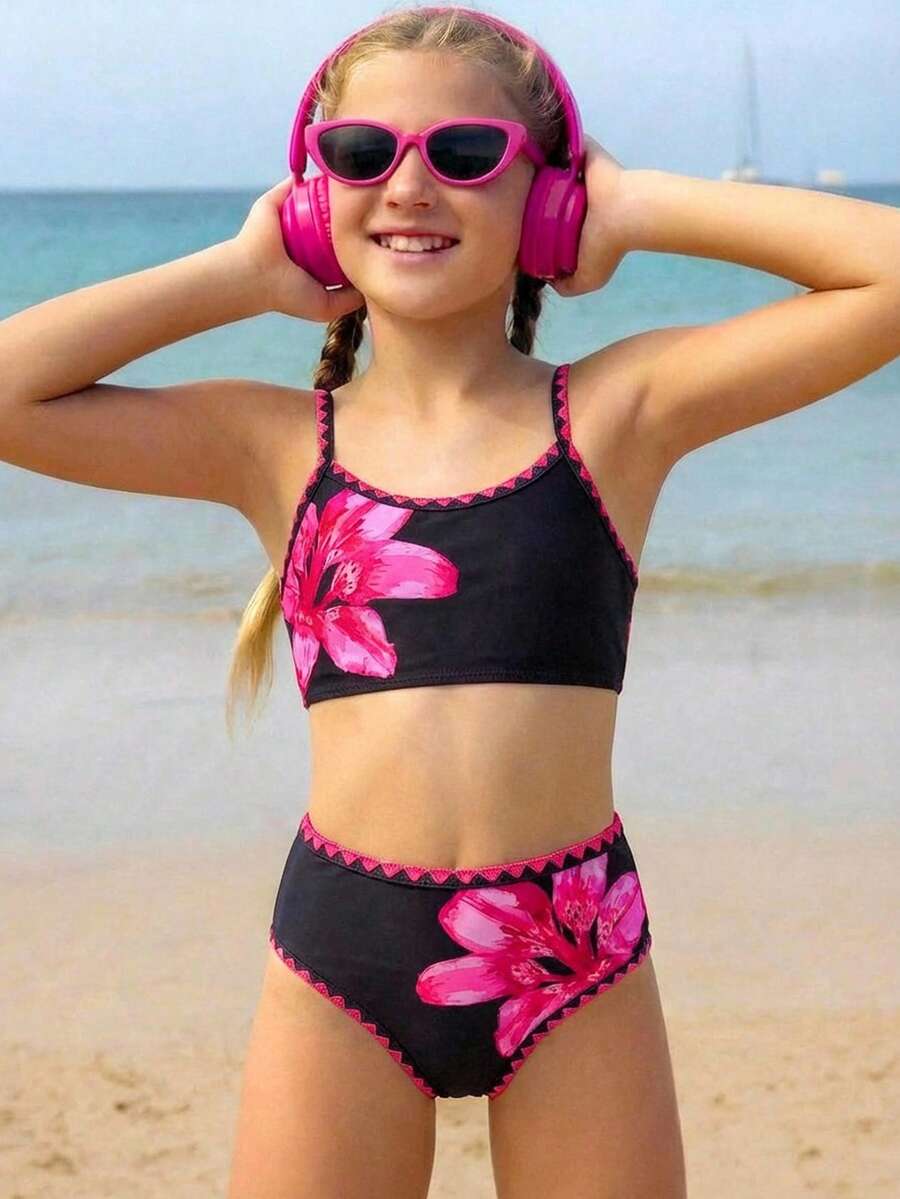 Tween Girls Random Ditsy Floral Bikini Set, Bright Fuchsia Camisole Bikini With Shell Trim, Summer Beach Backless Camisole Swimsuit Set, Beach Vacation Swimwear - Black - View 1
