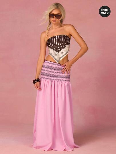 Athîral 女士休闲度假粉色半身裙，抽绳腰带，刺绣设计，度假休闲风