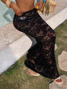 Opulessa 女士蕾丝拼接休闲百搭沙滩罩衫裙 - 黑色 - 查看 6