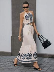 Opuloom Vintage Beige Summer Boho Embroidered Maxi Dress,Halter Drawstring Tassel Hollow Out Long Dress For Women Holiday Tea Party Greece Vacation Outfits - Multicolor - View 3