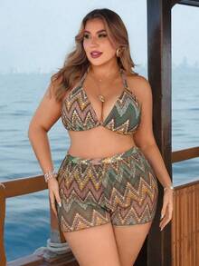 Swim Lushoire Plus Size All-Over Print Halter Backless Bikini Set - Multicolor - View 8