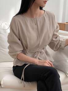 DAZY 女士纯色系带优雅正式夏季衬衫 - 杏色 - 查看 5