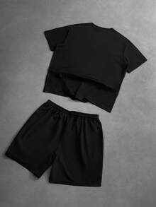 PAVTROS 男士撞色圆领短袖休闲夏季T恤套装 男士两件套 男士嘻哈短裤两件套 男士休闲短裤两件套 男士短裤套装 - 黑色 - 查看 3