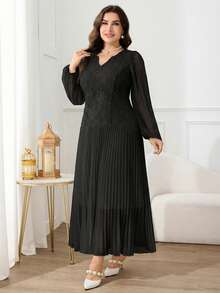 Modelyn 大码优雅派对纯色褶皱连衣裙 - 黑色 - 查看 6