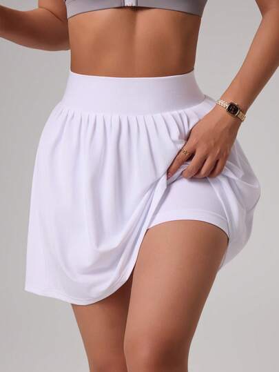 Dewbera Solid Color Elastic Waist Pleated Comfortable Breathable Versatile Summer Sports Skirt Shorts