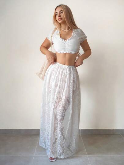 Sweetina Women's Sexy Elegant Lace Sheer Vacation Style Skirt