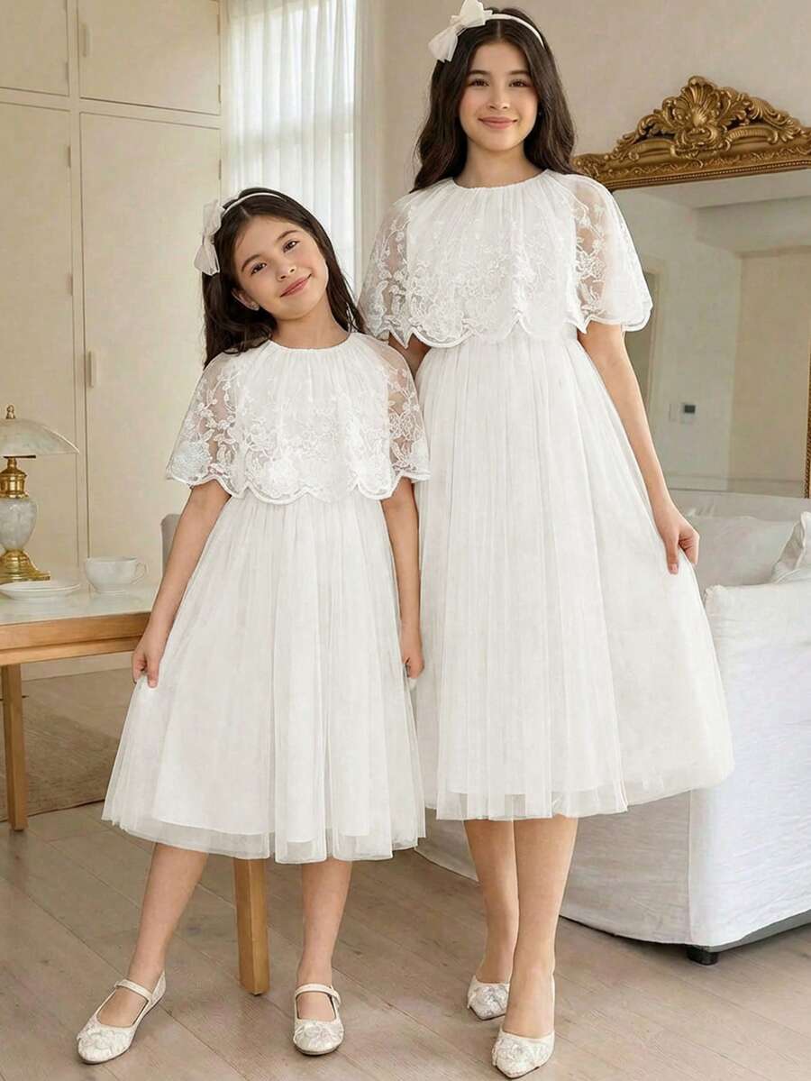 SHEIN Vestido elegante y lindo para fiesta y uso diario con cuello redondo, parches de encaje y volantes para niña preadolescente - Blanco - Ver 1