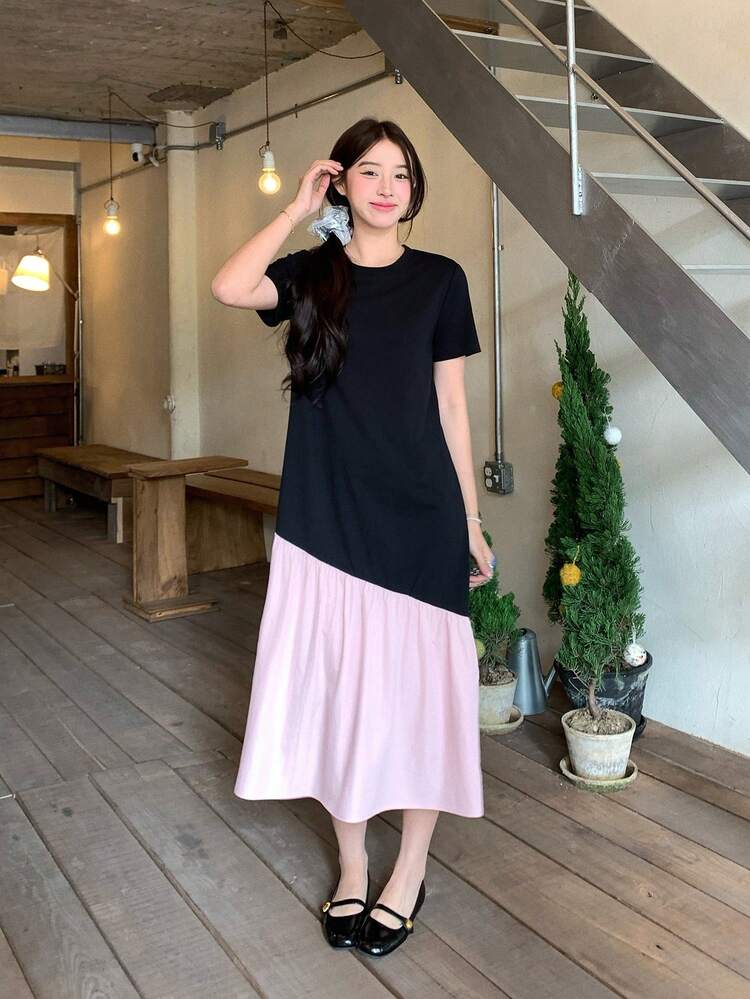 Women's Round Neck Contrast Color Korean Style Ruffle Hem Refreshing Girlish Mid-Length Dress Sundress Summer
