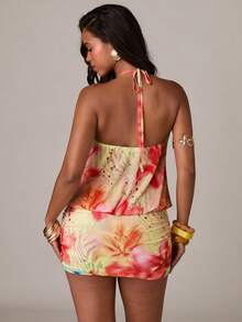 SHEIN BAE 女士休闲度假露背吊带金属装饰花卉印花紧身连衣裙，适合海滩度假、海滩派对、姐妹聚会、Y2K 风格、音乐节、沙滩装，黄色花卉连衣裙 - 黃色 - 查看 2