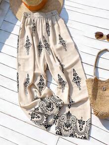 Franclia Women's Casual Vacation Printed Loose Pants, Positioned Printed Wide Leg Pants With Pockets, Elastic Waist, Beach Pants, Spring/Summer Printed Wide Leg Pants, Women's Vacation, Music Festival Pants, Gentle, Intellectual, Elegant, High-End, Elegant, Commuting, Daily, Summer, Party, Beach, Date, Graduation, Business Office, Urban Fashion Versatile Daily Pants - Multicolor - View 2