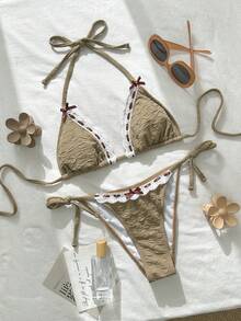 Swim Mod Women's Bikini Set 2-Piece,White,Summer,Elegant,Pool Party,Holiday,Bow Decor Ribbon Floral Texture Triangle Cup Swimwear,Boho Beach Resort Outfit - Baby Pink - View 3