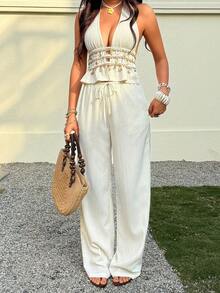 Sunnyshic 杏色褶皱纹理面料深V领露背上衣和低腰直筒裤两件套，女士春夏度假沙滩波西米亚简约优雅复古休闲百搭套装 - 杏色 - 查看 7