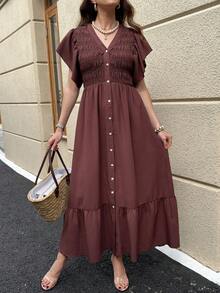 SHEIN Clasi Women's Dark Brown Button Front Long Dress, Summer Casual Solid Color Vacation Outfit, Holiday Garden Party, Outfits - Brown - View 8