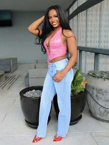 Top halter con cordón delantero PU - Rosa - Ver 5