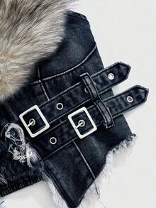 ROMWE Hippie Y2K Detachable Faux Fur Collar Denim Jacket For Women - Dark Wash - View 2