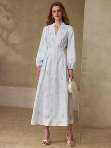 MOTF PREMIUM WOMEN'S ELEGANT LONG SLEEVE CONTRAST LACE NOTCHED NECK DRESS - Multicolor - View 1