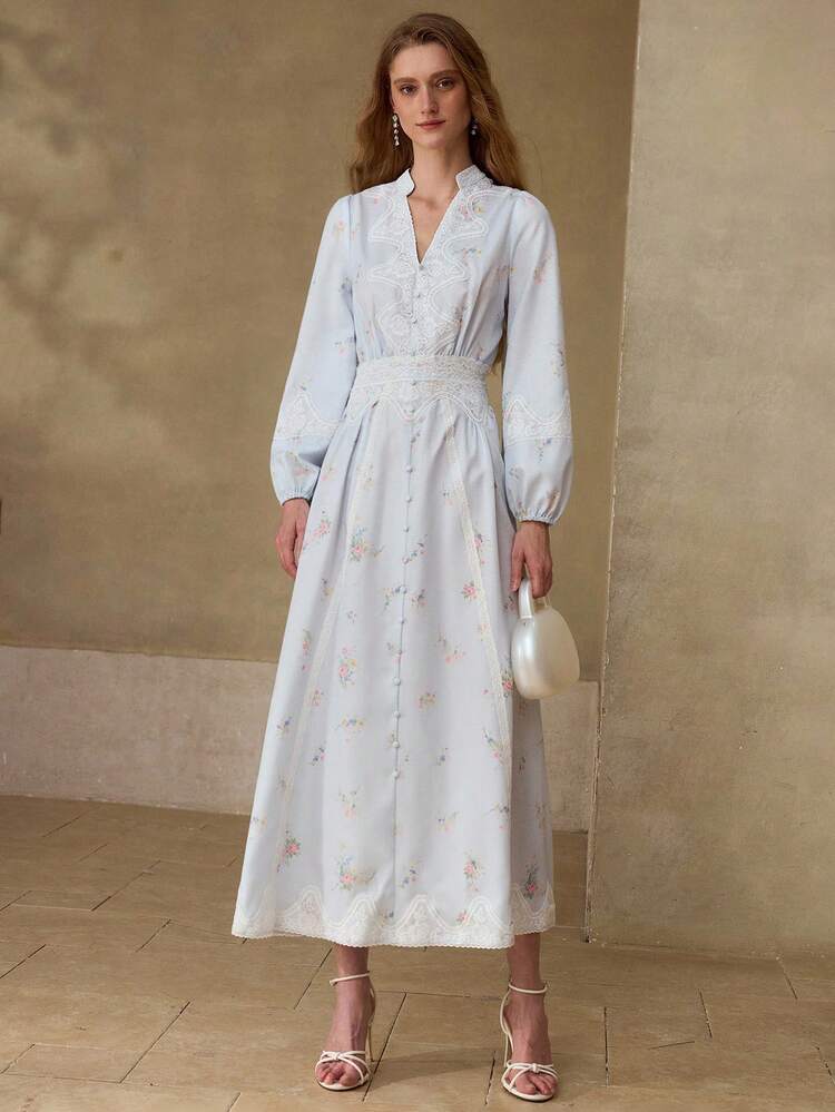 WOMEN'S ELEGANT LONG SLEEVE CONTRAST LACE NOTCHED NECK DRESS