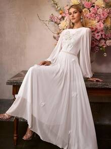 MOTF Soiréza 女士新款白色雪纺长袖松紧腰长款正式舞会礼服，高端宴会走秀晚礼服 - 白色 - 查看 1