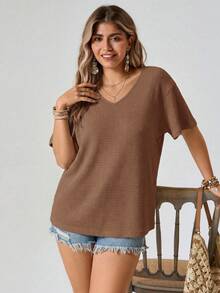 Freevana Plus Size Waffle Knit Batwing Sleeve T-Shirt - Brown - View 4