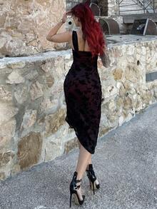 Bearsaez Women's Elegant Floral Flocked Mesh Slit Dress,Black Homecoming Dress,Witch Dress,Vampire Dress,Elegant Women Dresses,Day Of The Dead Outfit,Goth - Red and Black - View 2