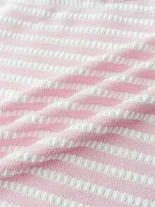 SHEIN Tween Girls' Summer Casual Asymmetric Textured Striped Off-Shoulder T-Shirt And Shorts 2-Piece Set - Pink - View 7
