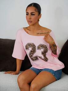 SAYEHFBABY 女士宽松豹纹印花超大蝙蝠袖T恤，粉色23号印花 - 粉色 - 查看 4