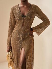 Zivah 2026 Women's Vacation Casual Beach Sheer Botanical Hollow-Out Dress Cover Up, Brown - Brown - View 7