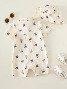 SHEIN Bộ 2 món đồ liền thân và mũ cho bé sơ sinh trai/gái, kiểu dáng mùa hè, dễ thương, in hình cây dừa, thích hợp cho kỳ nghỉ. - Nhiều màu - Xem 2