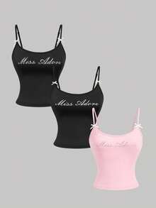 SHEIN MOD 3件套女士字母印花蝴蝶结装饰吊带背心 - 彩色 - 查看 2