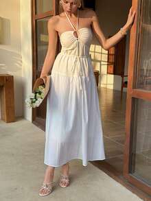 Livesso Beach Party Holiday Outfit Summer 100% Cotton White Halter Midi Dress For Women - Beige - View 3