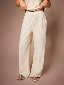 Lazeform Waffle Texture V-Neck Short Sleeve Top & Wide Leg Pants Women's Lounge Set - Apricot - View 5