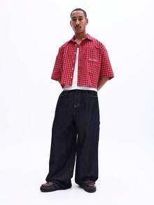 SUMWON Men's Plaid Short Sleeve Button Down Shirt With Chest Pocket Casual Red Checkered Collared Top Spring Summer - Red - View 3