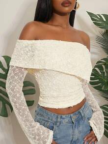 SHEIN SXY Áo kiểu nữ cỡ lớn, thanh lịch, màu mơ, chất liệu vải lưới, đính sequin, trễ vai, tay dài, ôm sát, thời trang, sang trọng, gợi cảm, thích hợp cho kỳ nghỉ, ngày Valentine, đám cưới, cổ điển, tiệc tùng, dạ hội, đi chơi, xuân hè, thanh lịch, lễ hội, phong cách boho, thường ngày, lễ hội, đường phố. - Nhiều màu - Xem 6