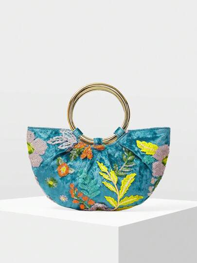 MOTF PREMIUM WOMEN'S HANDBAG, EXQUISITE EMBROIDERED BEADED SEMI-ROUND TOTE BAG