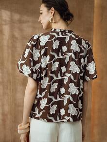 Arave Women's Embroidered Front Button Petal Sleeve Elegant Blouse - Coffee Brown - View 4