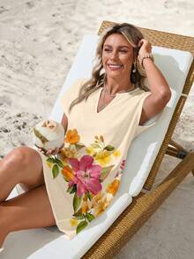 Sylviya Đầm ngắn cổ chữ V in hoa giản dị dành cho nữ, thích hợp cho kỳ nghỉ xuân/hè. - Nhiều màu - Xem 6