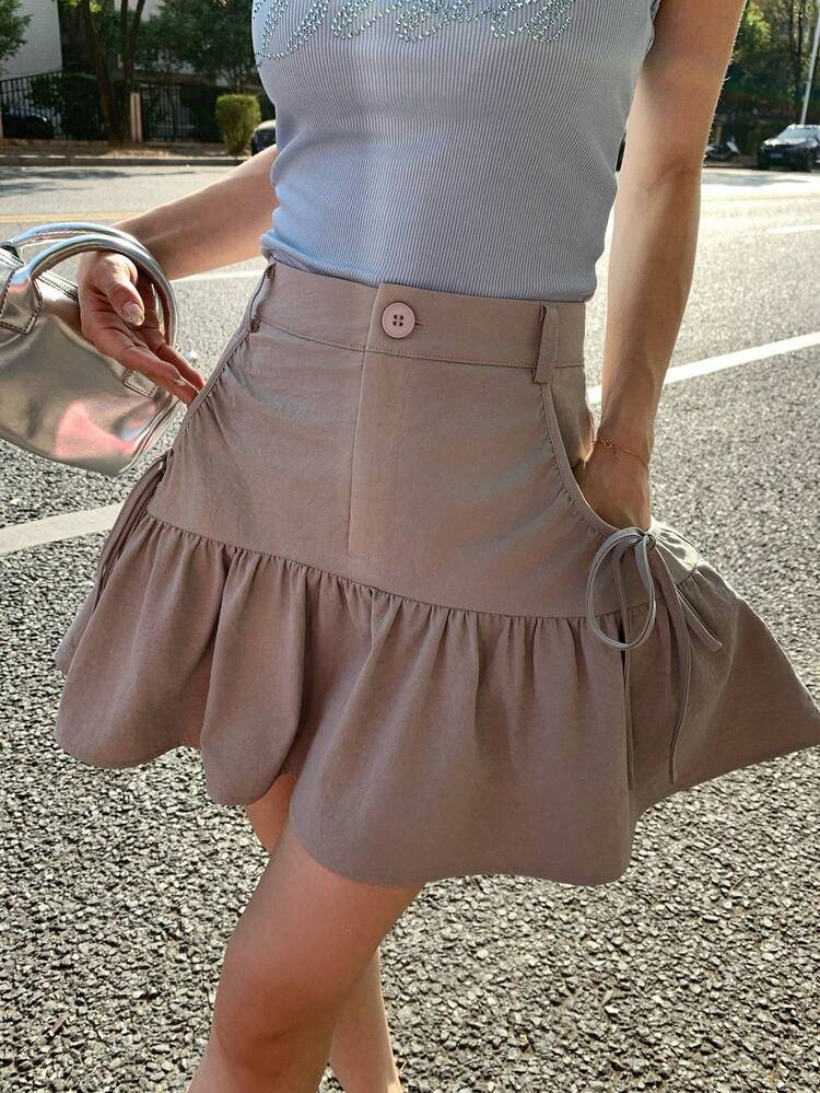 Spring & Summer Loose Casual Fashion Design Waist Tie Drawstring Bow Decor Large Pocket Patchwork Lightweight Outdoor Street Style Women Skirt